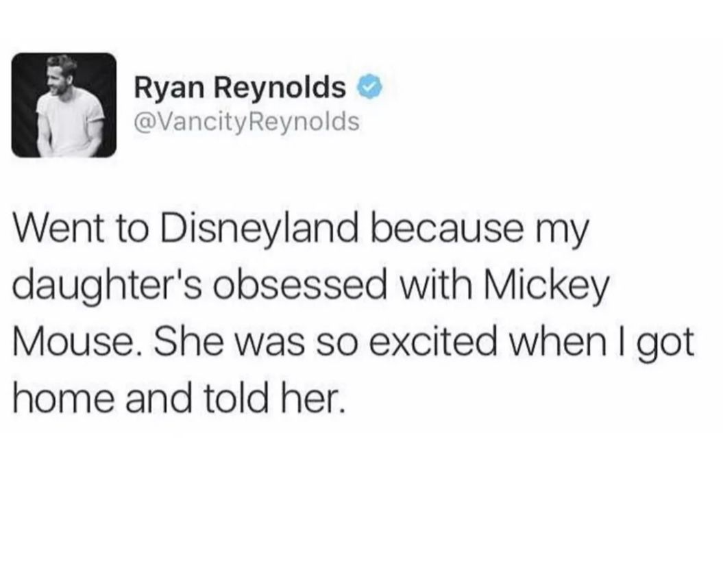 Ryan Reynolds 6 VancityReynolds Went to Disneyland because my daughters obsessed with Mickey Mouse She was so excited when got home and told her