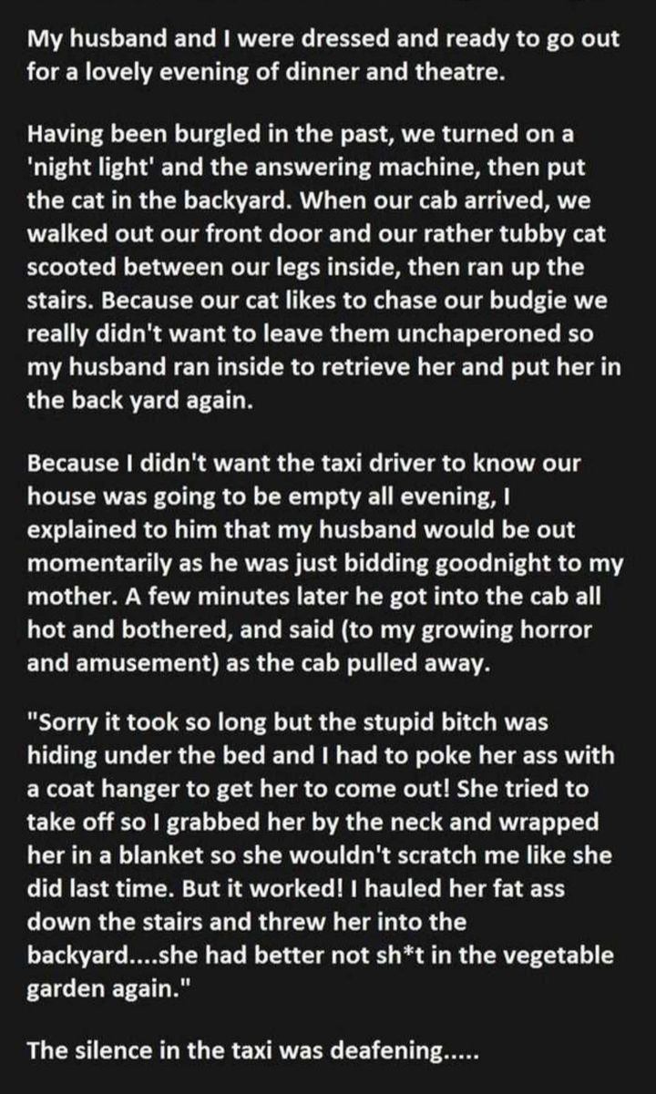My husband and were dressed and ready to go out for a lovely evening of dinner and theatre Having been burgled in the past we turned on a night light and the answering machine then put the cat in the backyard When our cab arrived we walked out our front door and our rather tubby cat scooted between our legs inside then ran up the stairs Because our cat likes to chase our budgie we really didnt wan