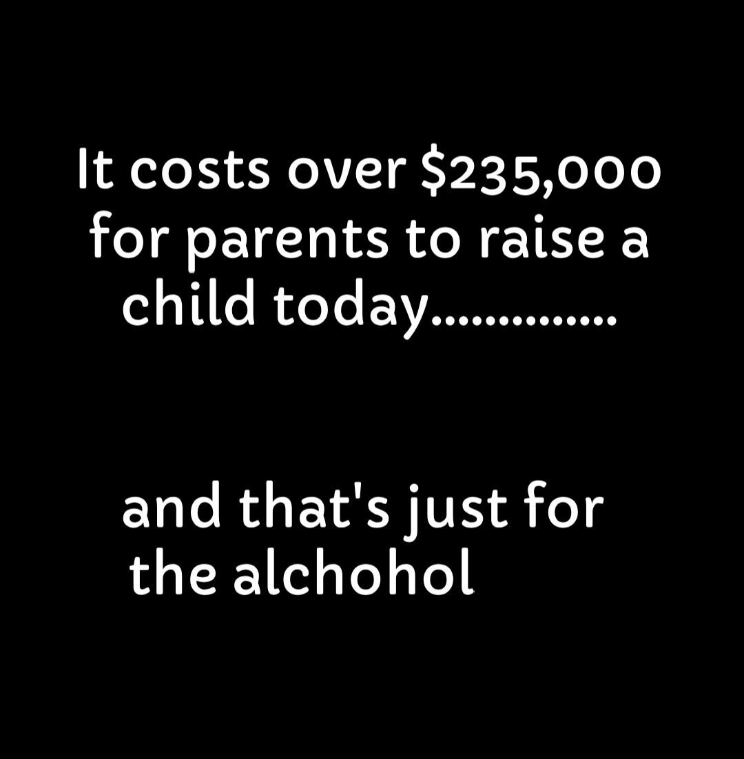 It costs over 235000 for parents to raise a child today and thats just for the alchohol