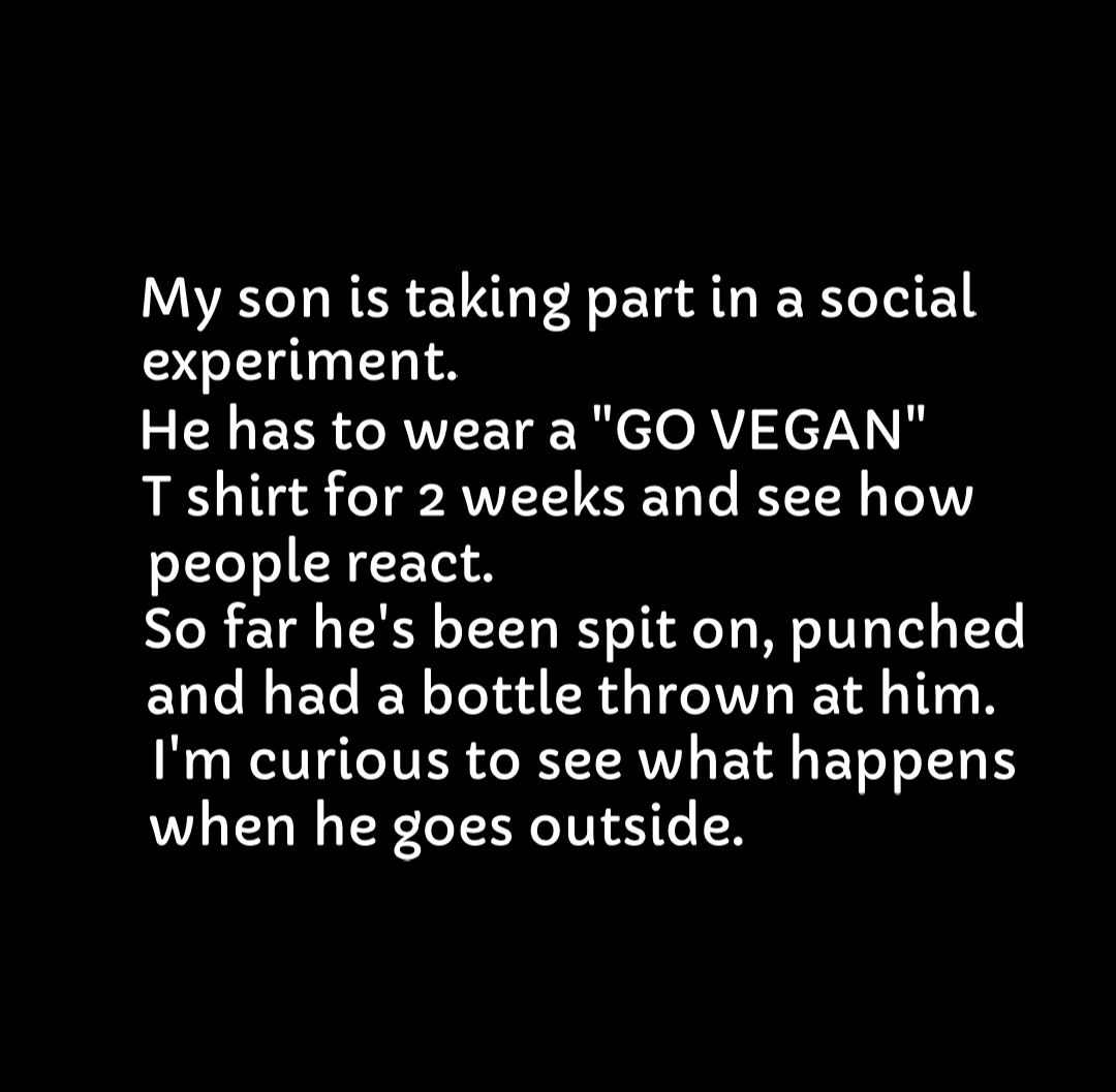 My son is taking part in a social experiment He has to wear a GO VEGAN T shirt for 2 weeks and see how oY o R E ETeI So far hes been spit on punched and had a bottle thrown at him N WV T TeIVER o RT TRVV 1Al s YT o T3 1S when he goes outside