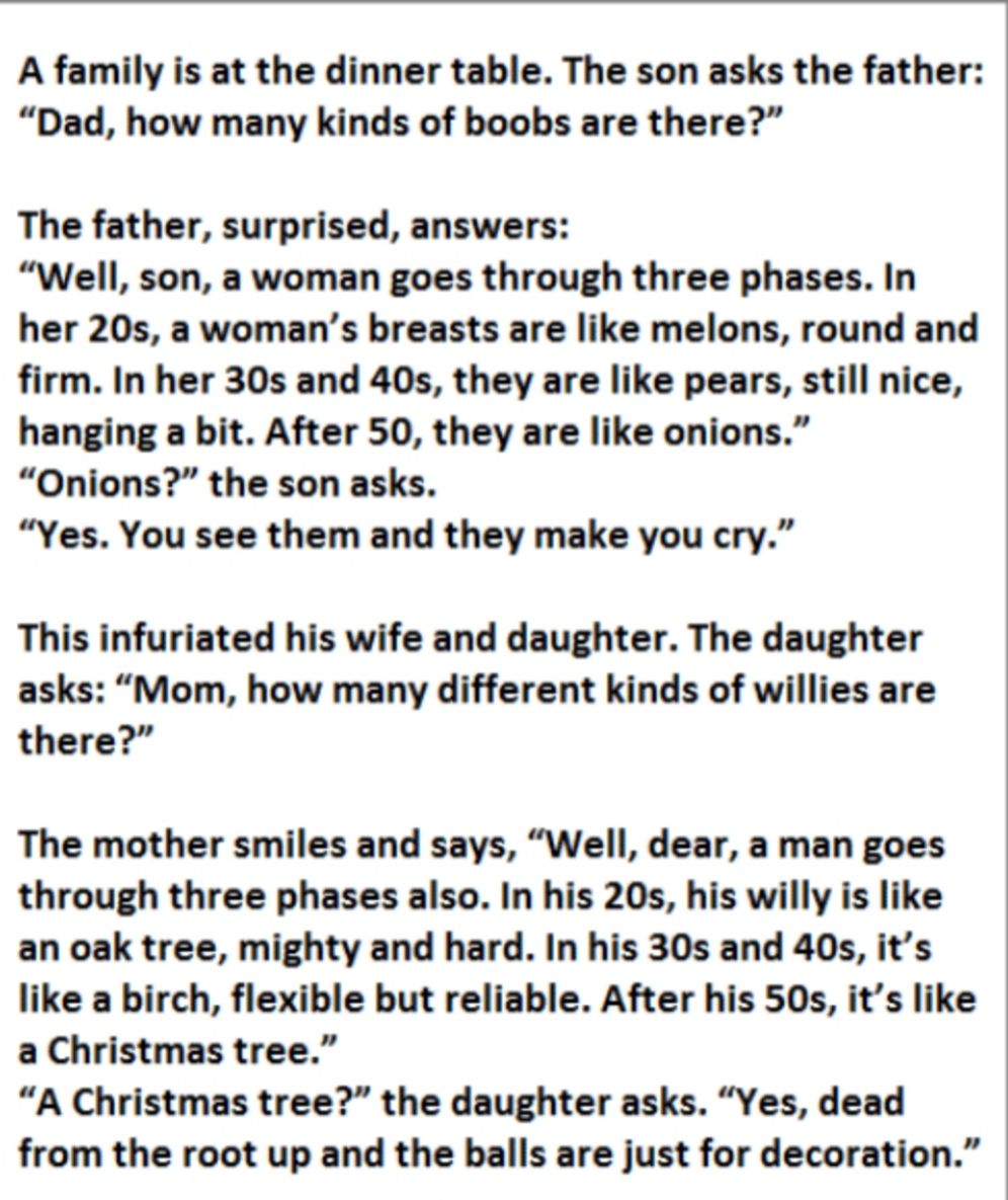 A family is at the dinner table The son asks the father Dad how many kinds of boobs are there The father surprised answers Well son a woman goes through three phases In her 20s a womans breasts are like melons round and firm In her 30s and 40s they are like pears still nice hanging a bit After 50 they are like onions Onions the son asks Yes You see them and they make you cry This infuriated his wi