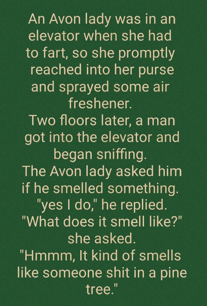 AWA NET AVERT Re Ta elevator when she had to fart so she promptly reached into her purse and sprayed some air HCEIELETS Two floors later a man got into the elevator and began sniffing RECTAN ETe 2 Cle MalTng if he smelled something yes do he replied What does it smell like she asked Hmmm It kind of smells like someone shit in a pine tree