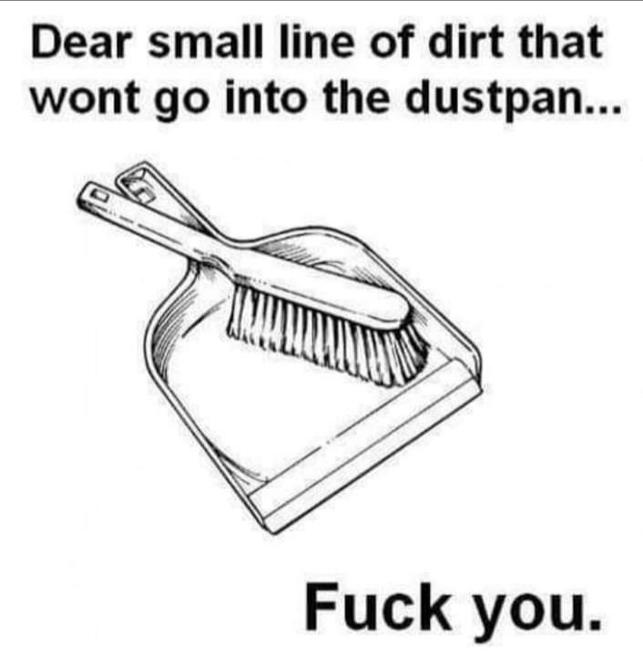 Dear small line of dirt that wont go into the dustpan Fuck you