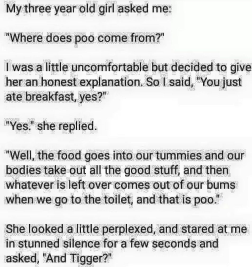 My three year old girl asked me Where does poo come from was a little uncomfortable but decided to give her an honest explanation So said You just ate breakfast yes Yes she replied Well the food goes into our tummies and our bodies take out all the good stuff and then whatever is left over comes out of our bums when we go to the toilet and that is poo She looked a little perplexed and stared at me