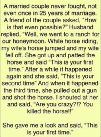 A married couple never fought not even once in 25 years of marriage A friend of the couple asked How is that even possible Husband replied Well we went to a ranch for our honeymoon While horse riding my wifes horse jumped and my wife fell off She got up and patted the horse and said This is your first time After a while it happened again and she said This is your second time And when it happened t