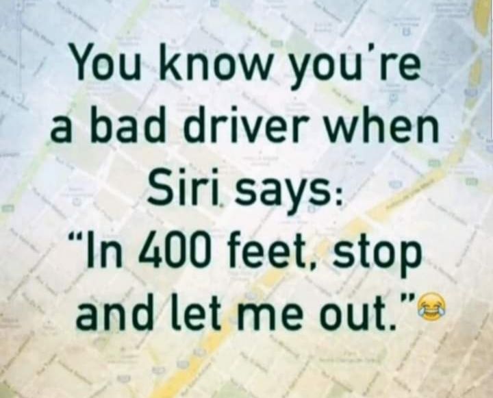 You know youre a bad driver when Siri says In 400 feet stop and let me out