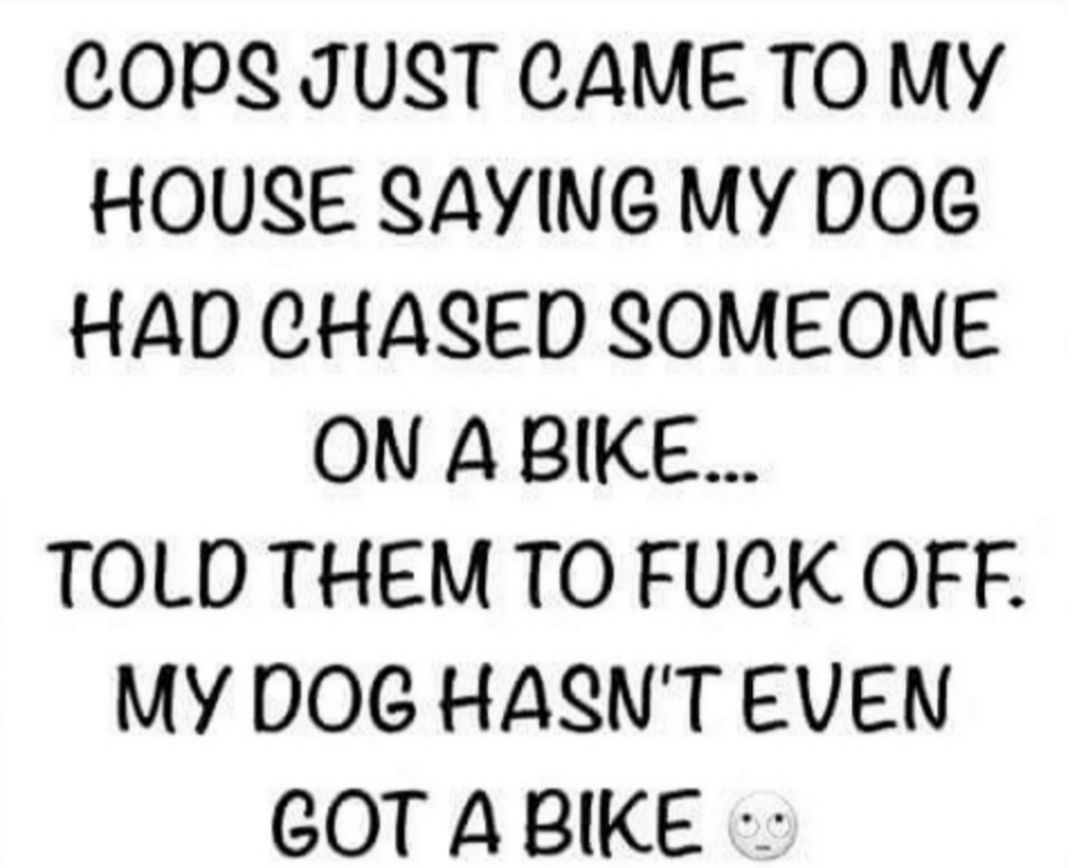 COPS JUST CAME TOMY HOUSE SAYING MY DOG HAD CHASED SOMEONE ON ABIKE TOLD THEM TO FUCK OFF MY DOG HASNT EVEN GOT ABIKE