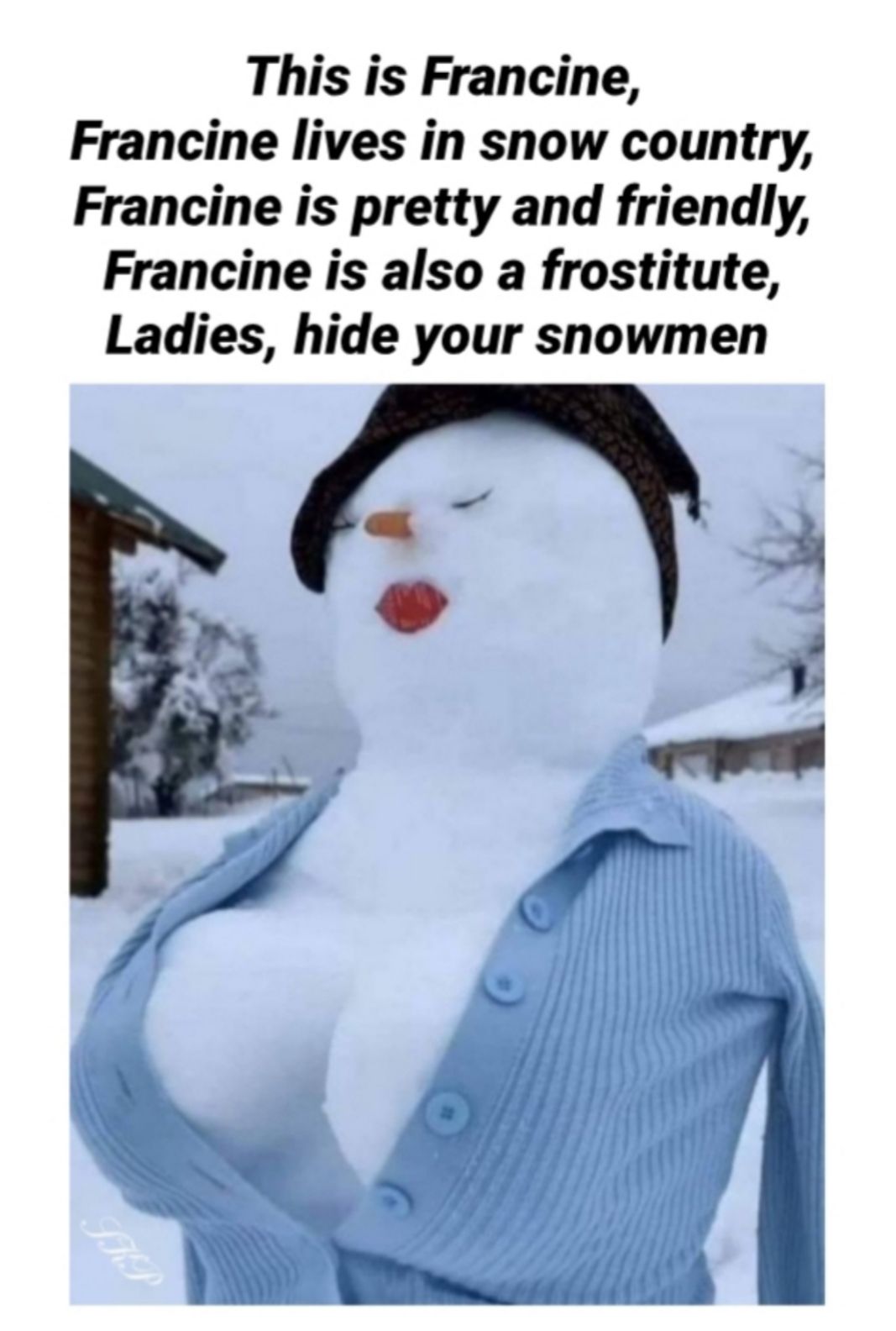 This is Francine Francine lives in snow country Francine is pretty and friendly Francine is also a frostitute Ladies hide your snowmen