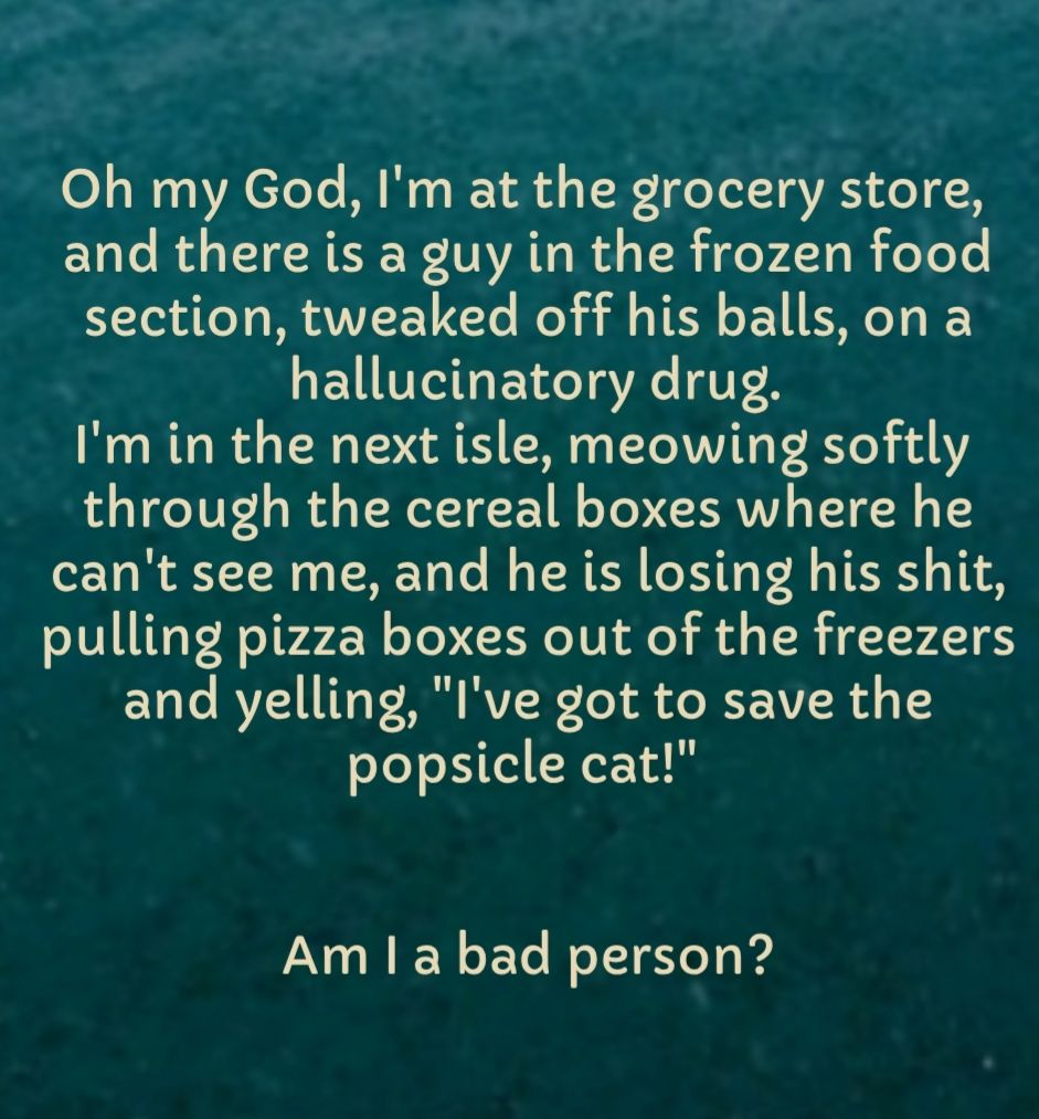 Oh my God Im at the grocery store and there is a guy in the frozen food 3 A LeT I AVVI E 17T N 3 ll 4 TR o LU KT I hallucinatory drug Im in the next isle meowing softly through the cereal boxes where he cant see me and he is losing his shit pulling pizza boxes out of the freezers E e BV TR RVIR ToT B Ao BT VI RH popsicle cat Am a bad person