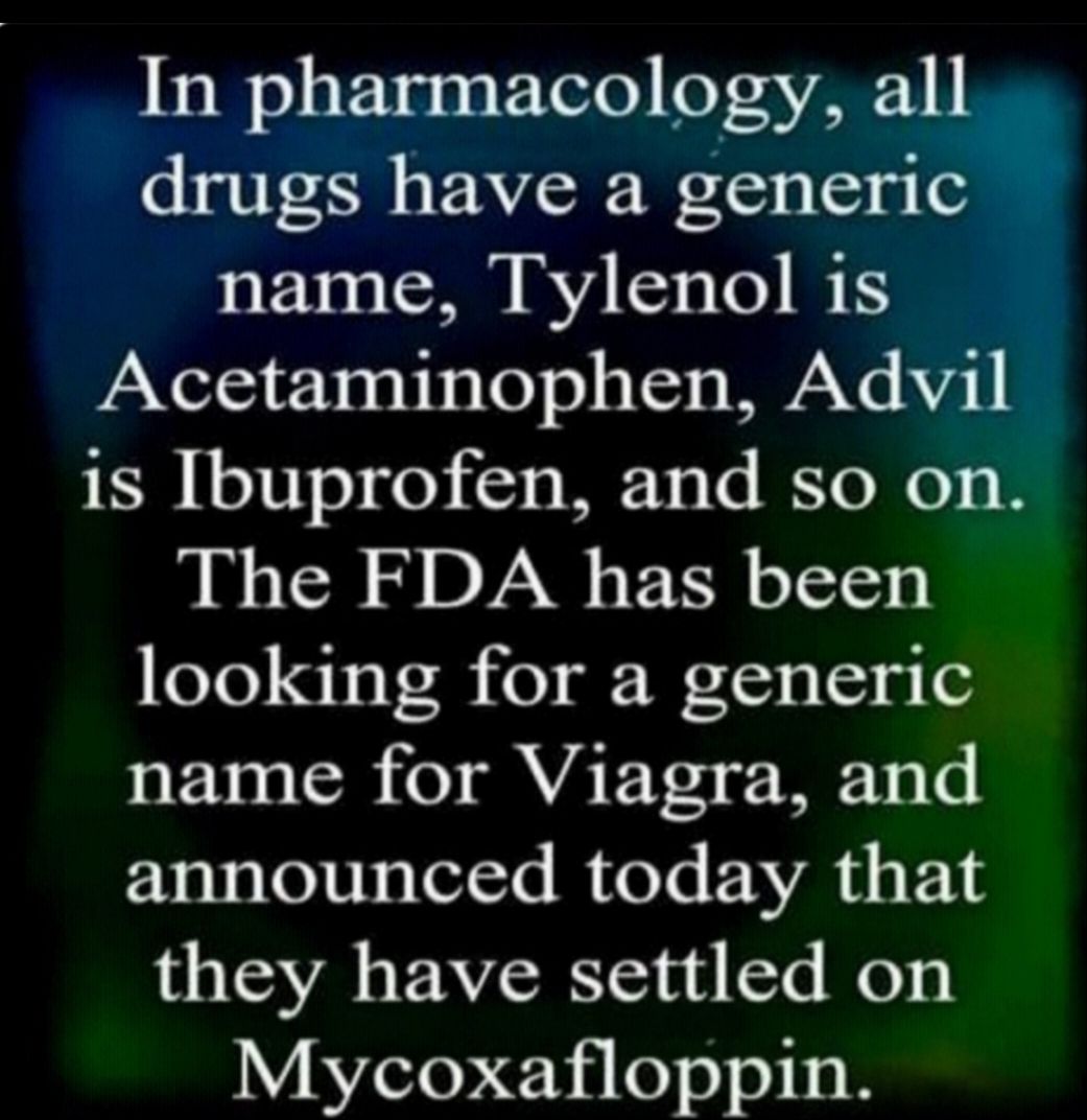 drugs have a generic name Tylenol is Acetaminophen Advil is Ibuprofen and so on The FDA has been looking for a generic name for Viagra and announced today that they have settled on Mycoxafloppin In pharmacology 3