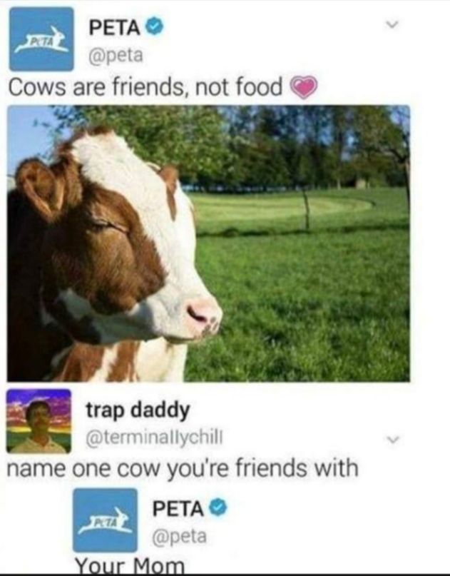 PETA Cows are friends not food y o trap daddy name one cow youre friends with PETA