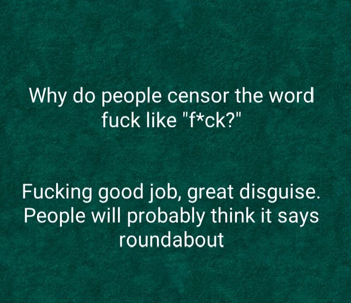 Why do people censor the word fuck like fck Fucking good job great disguise People will probably think it says roundabout