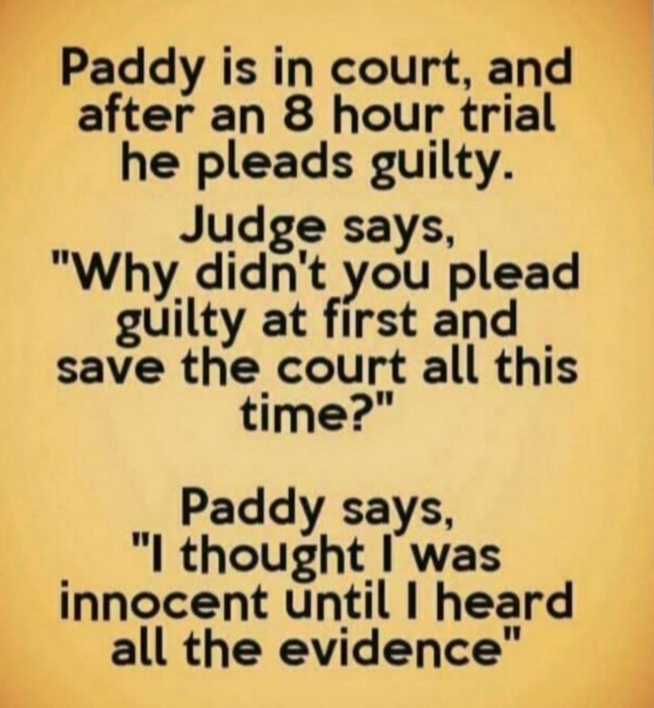 Paddy is in court and after an 8 hour trial he pleads guilty Judge says Why didnt you plead guilty at first and save the court all this time Paddy says I thought I was innocent until heard all the evidence