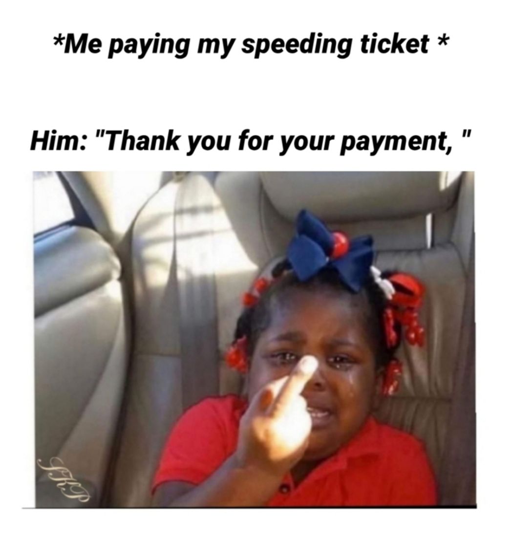 Me paying my speeding ticket Him Thank you for your payment