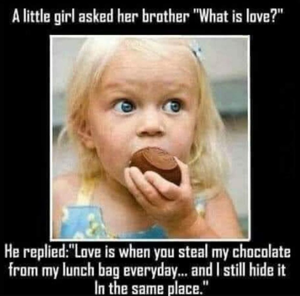 A little girl asked her brother What is love ruplldLuve is when you steal my chocolate from my lunch bag everyday and still hide it In the same place