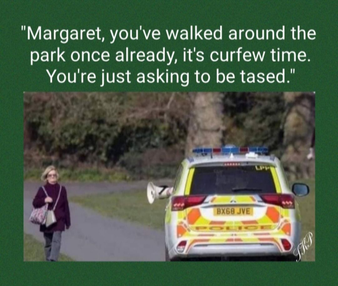 Margaret youve walked around the park once already its curfew time Youre just asking to be tased P s