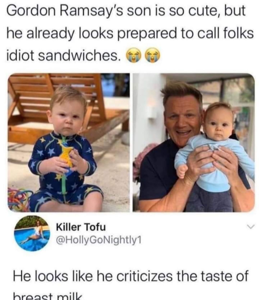 Gordon Ramsays son is so cute but he already looks prepared to call folks idiot sandwiches Killer Tofu HollyGoNightly1 He looks like he criticizes the taste of hroact mill