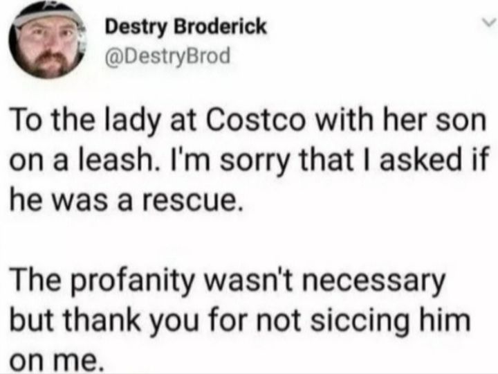 Destry Broderick DestryBrod To the lady at Costco with her son on a leash Im sorry that asked if he was a rescue The profanity wasnt necessary but thank you for not siccing him on me