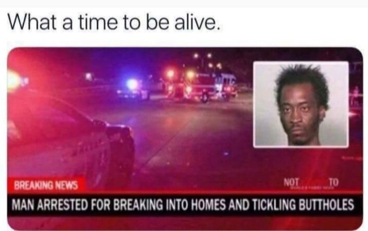 What a time to be alive BREAXING NEWS MAN ARRESTED FOR BREAKING INTO HOMES AND TICKLING BUTTHOLES