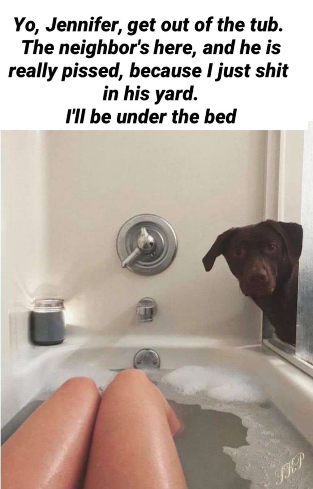 Yo Jennifer get out of the tub The neighbors here and he is really pissed because I just shit in his yard Ill be under the bed