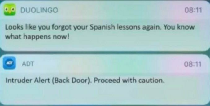 T Bt DUOLINGO 081 Looks like you forgot your Spanish lessons again You know what happens now ADT o8n Intruder Alert Back Door Proceed with caution