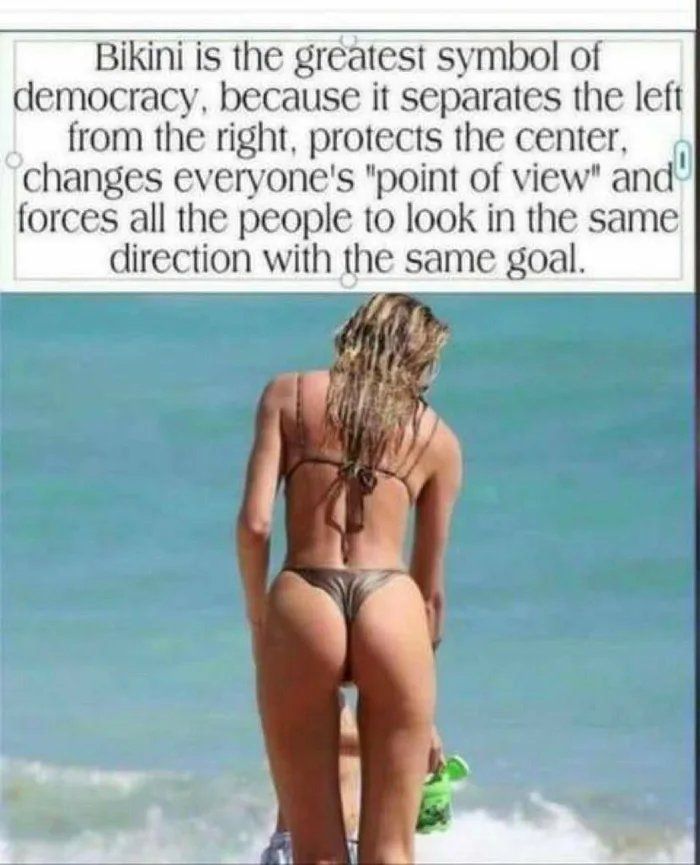 Bikini is the greatest symbol of democracy because it separates the left from the right protects the center changes everyones point of view and forces all the people to look in the same direction with the same goal