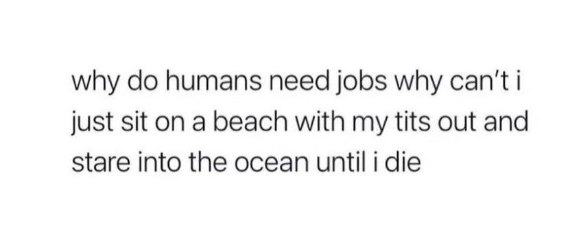 why do humans need jobs why canti just sit on a beach with my tits out and stare into the ocean until i die