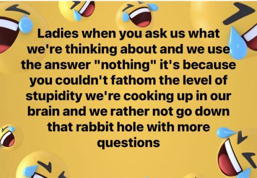 Y P Ladies when you ask us what were thinking about and we us the answer nothing its because you couldnt fathom the level of stupidity were cooking up in our brain and we rather not go down that rabbit hole with more Guestions A v