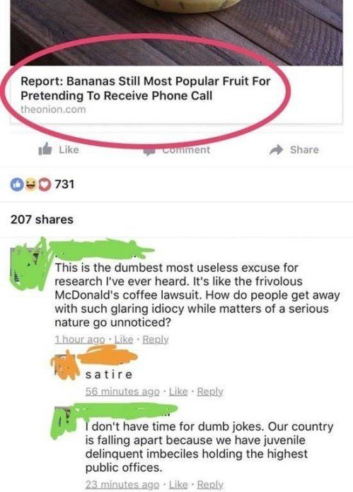 Report Bananas Still Most Popular Fruit For Pretending To Receive Phone Call e Like A Share O0731 207 shares This is the dumbest most useless excuse for research Ive ever heard Its like the frivolous McDonalds coffee lawsuit How do people get away with such glaring idiocy while matters of a serious nature go unnoticed do t have time for dumb jokes Our country is falling apart because we have juven