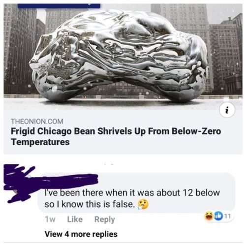 THEONIONCOM Frigid Chicago Bean Shrivels Up From Below Zero Temperatures ve been there when it was about 12 below so know this is false Like Reply 0 View 4 more replies