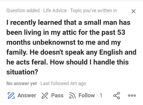 Question added Life Advice Topic youve written in X I recently learned that a small man has been living in my attic for the past 53 months unbeknownst to me and my family He doesnt speak any English and he acts feral How should I handle this situation No answer yet Last followed 4m ago 7 Answer X Pass 3 Follow 1 o oo