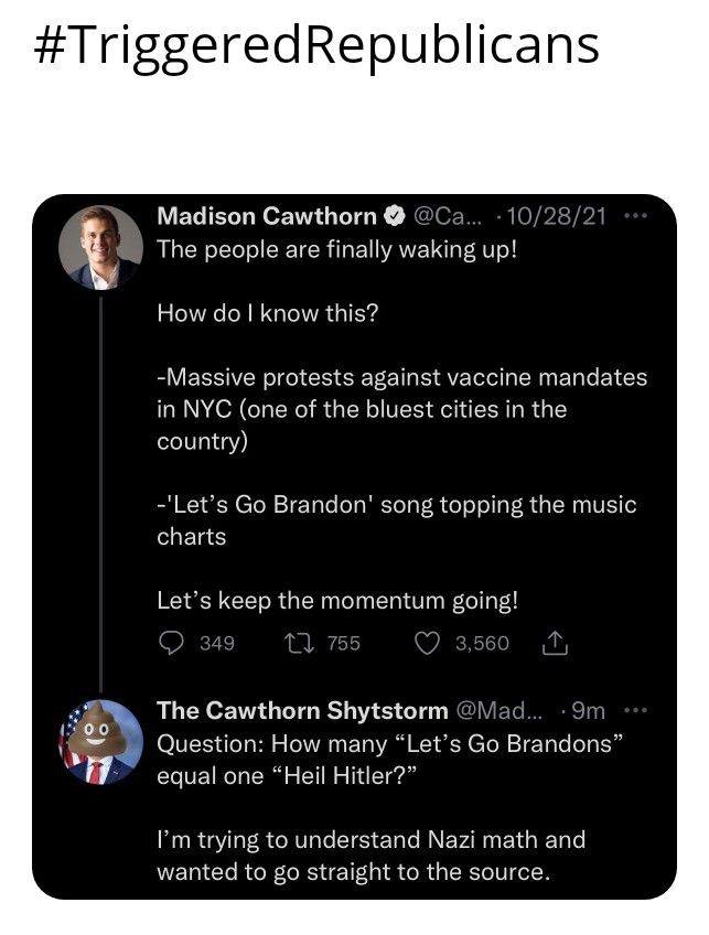 TriggeredRepublicans ELIELI N o GTTSY JGOIeF The people are finally waking up How do know this Massive protests against vaccine mandates in NYC one of the bluest cities in the country Lets Go Brandon song topping the music charts Lets keep the momentum going The Cawthorn Shytstorm Question How many Lets Go Brandons equal one Heil Hitler Im trying to understand Nazi math and wanted to go straight t