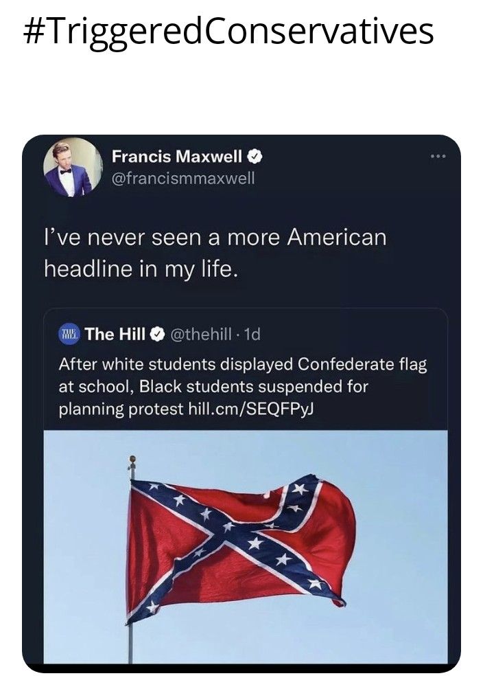 TriggeredConservatives ZEUEVEVOT R i1l i YO Ive never seen a more American headline in my life it The Hill thehill 1d After white students displayed Confederate flag Y aTel s ToTo M 21 FoTel S HNTe T TRV S ol YgTo Te i o SIETTtTaT Reltel i dl a1l RelyaVAS 2