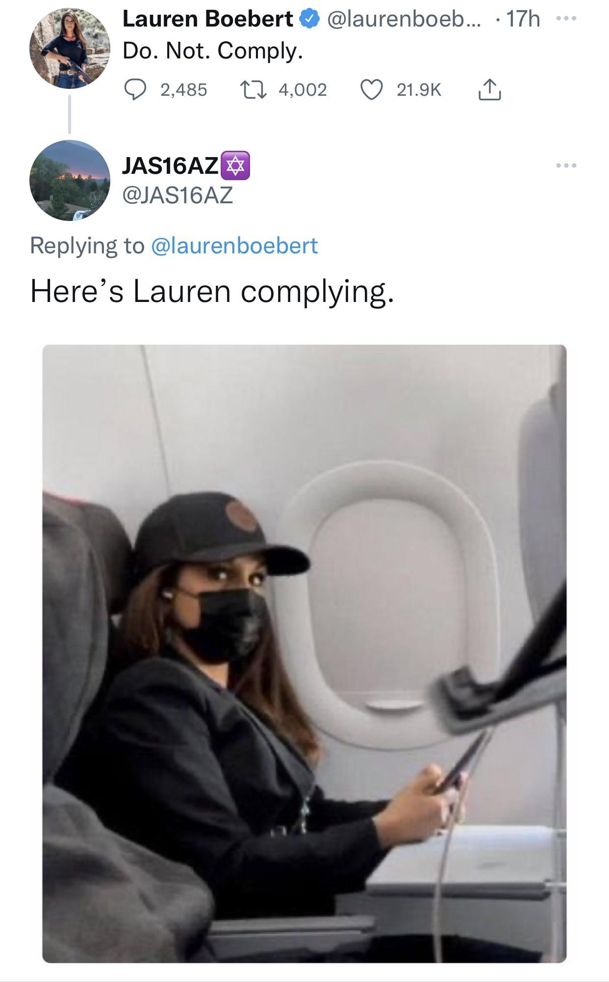 v Lauren Boebert laurenboeb 17h Do Not Comply O 2485 17 4002 Q 219k N as16AZ IAS16AZ Replying to A o o e Y Heres Lauren complying