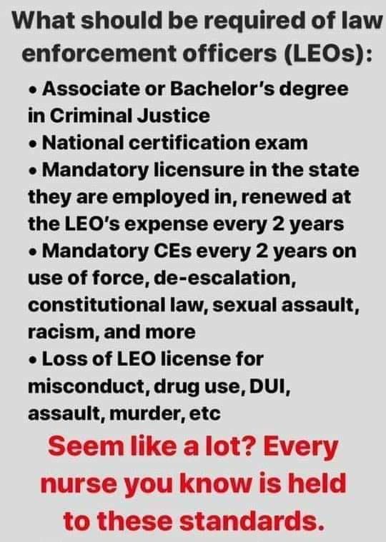 What should be required of law enforcement officers LEOs Associate or Bachelors degree in Criminal Justice National certification exam Mandatory licensure in the state they are employed in renewed at the LEOs expense every 2 years Mandatory CEs every 2 years on use of force de escalation constitutional law sexual assault racism and more Loss of LEO license for misconduct drug use DUI assault murde