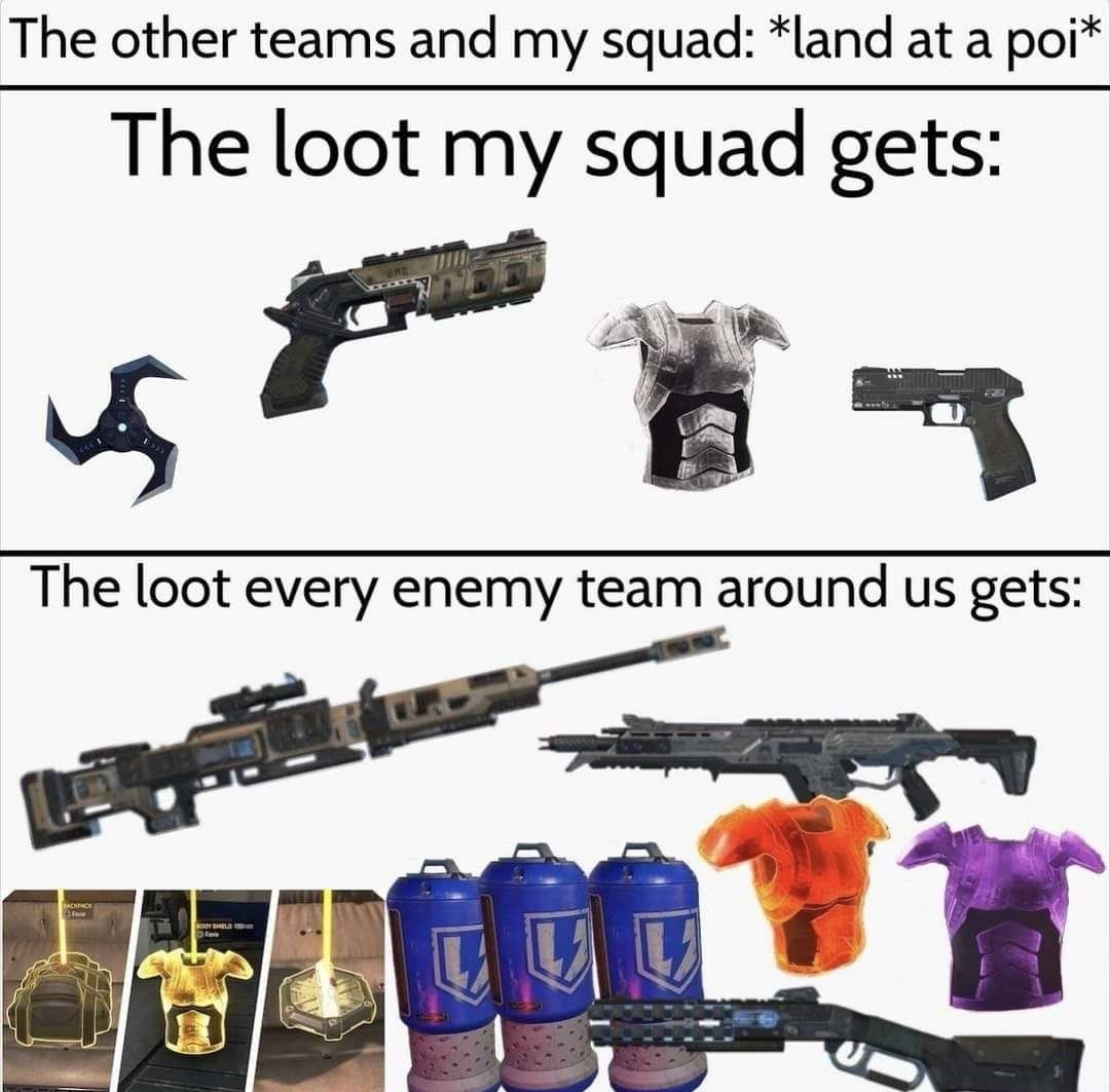 The other teams and my squad land at a poi The loot my squad gets ANl i s Q AN R R W j Oz Hv The loot every enemy team around us gets