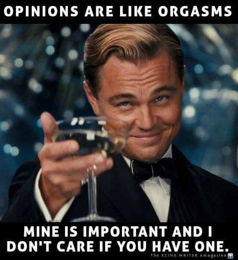 OPINIONS ARE LIKE ORGASMS MINE IS IMPORTANT AND DONT CARE IF YOU HAVE ONE