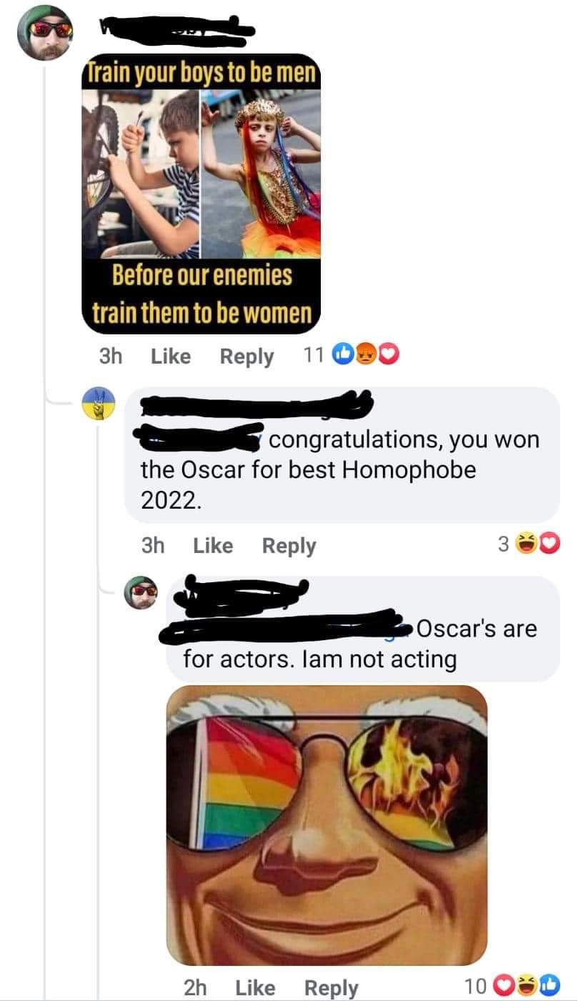 3h Like Reply 11O T el Ll congratulations you won the Oscar for best Homophobe 2022 3h Like Reply 3 Oscars are for actors lam not acting 2h Like Reply 10080