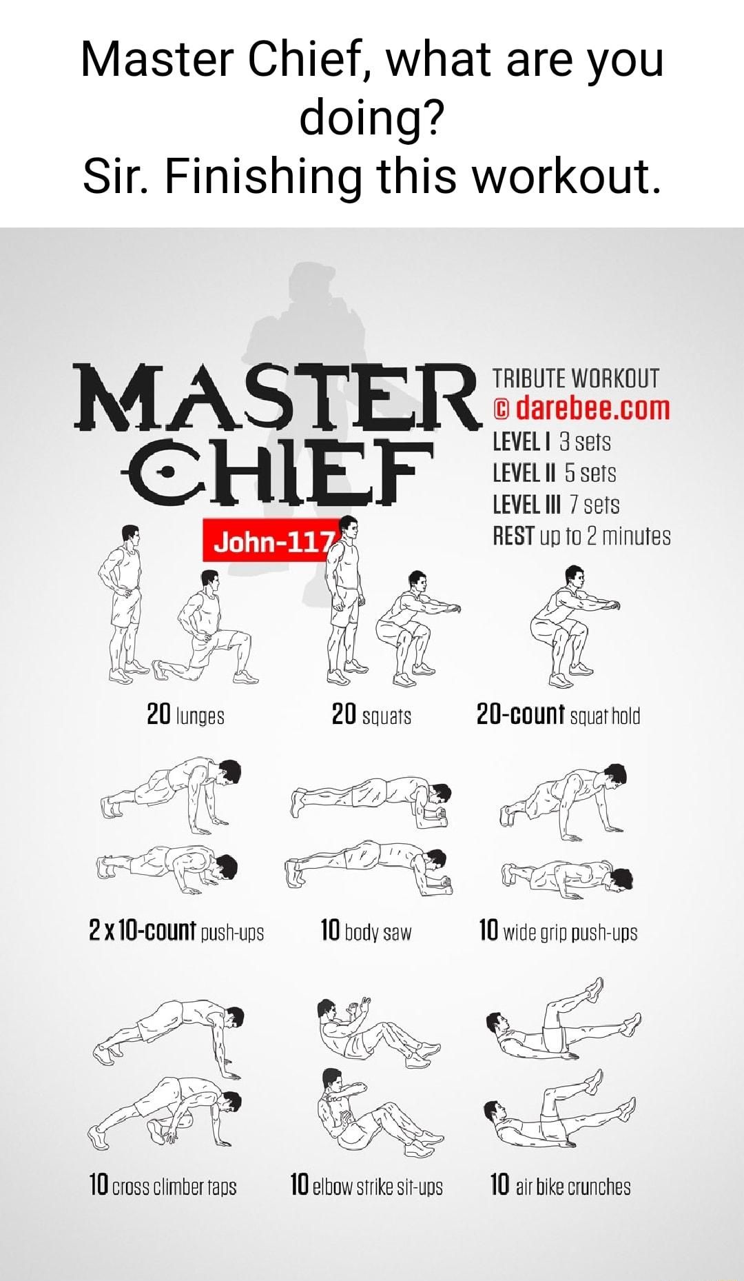 Master Chief what are you doing Sir Finishing this workout TRIBUTE WORKOUT darebeecom LEVELI 3 sefs LEVELII 5 sers LEVEL Il 7 sefs REST up fo 2 minutes 20 lunges 2 X 10 count push ups 10 body saw 10 wide grip push ups P 5 A Ny T Er Sl 10 cross climber raps 10elbowsirikesi ups 10 air bike crunches