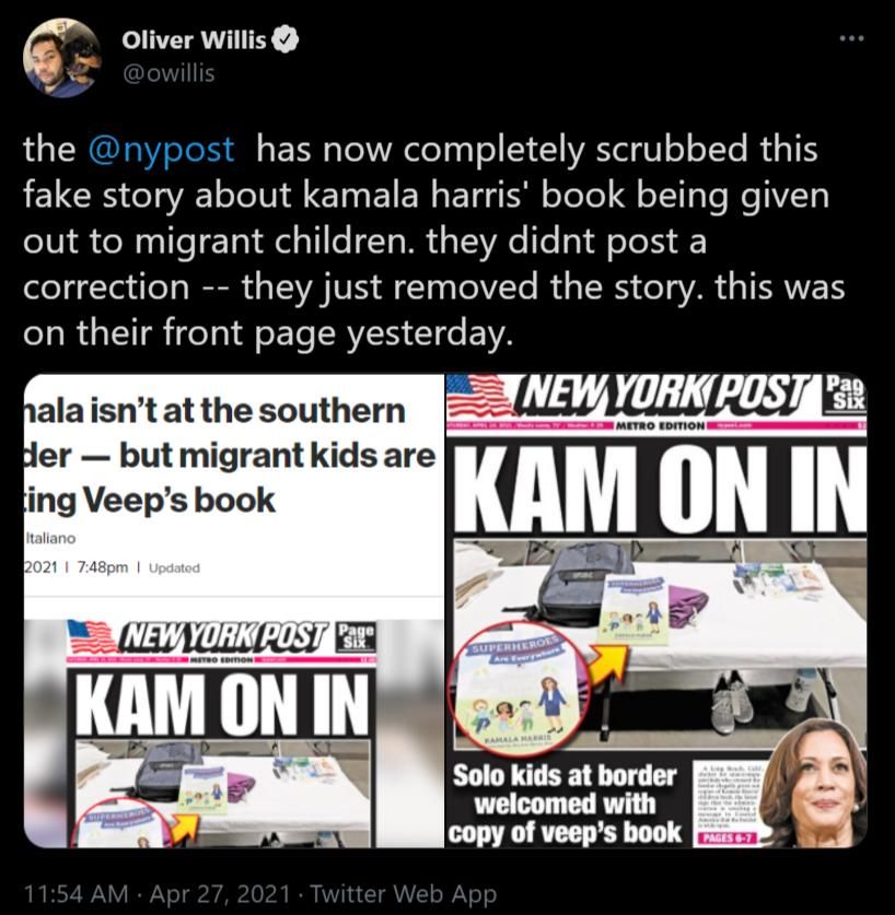 g_ Oliver Willis the nypost has now completely scrubbed this fake story about kamala harris book being given out to migrant children they didnt post a correction they just removed the story this was on their front page yesterday