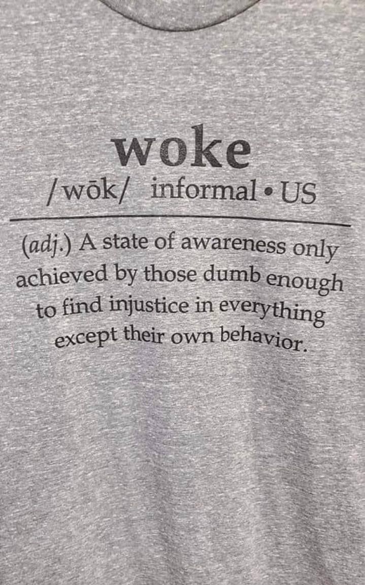 NT woke Jwok informale US adj A state of awareness only achieved by those dumb enough to find injustice in everyth g except their own behavig