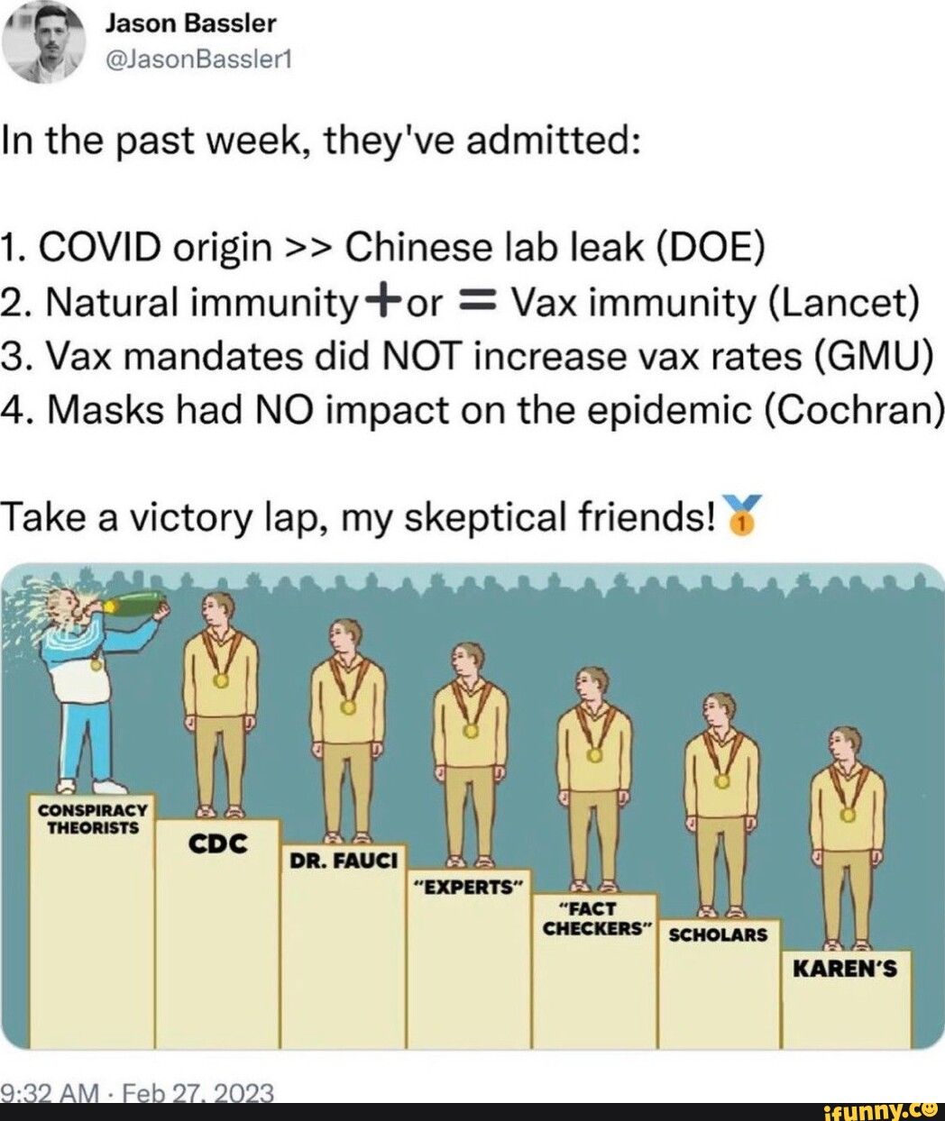 Jason Bassler In the past week theyve admitted 1 COVID origin Chinese lab leak DOE 2 Natural immunityor Vax immunity Lancet 3 Vax mandates did NOT increase vax rates GMU 4 Masks had NO impact on the epidemic Cochran Sk Take a victory lap my skeptical friend