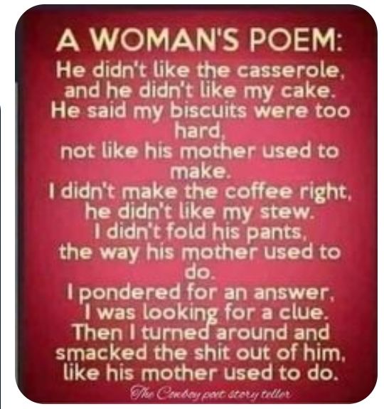 A WOMANS POEM He didnt like the casserole and he didnt like my cake He said my biscuits were too a not like his mgtfcr used to make didnt make the coffee right he didnt like my stew 1didnt fold his pants LGERIEAL T TG CI VL R o pondered for an answer was looking for a clue Then turned around and HNECERGUE LR like his mother used to do oy oot
