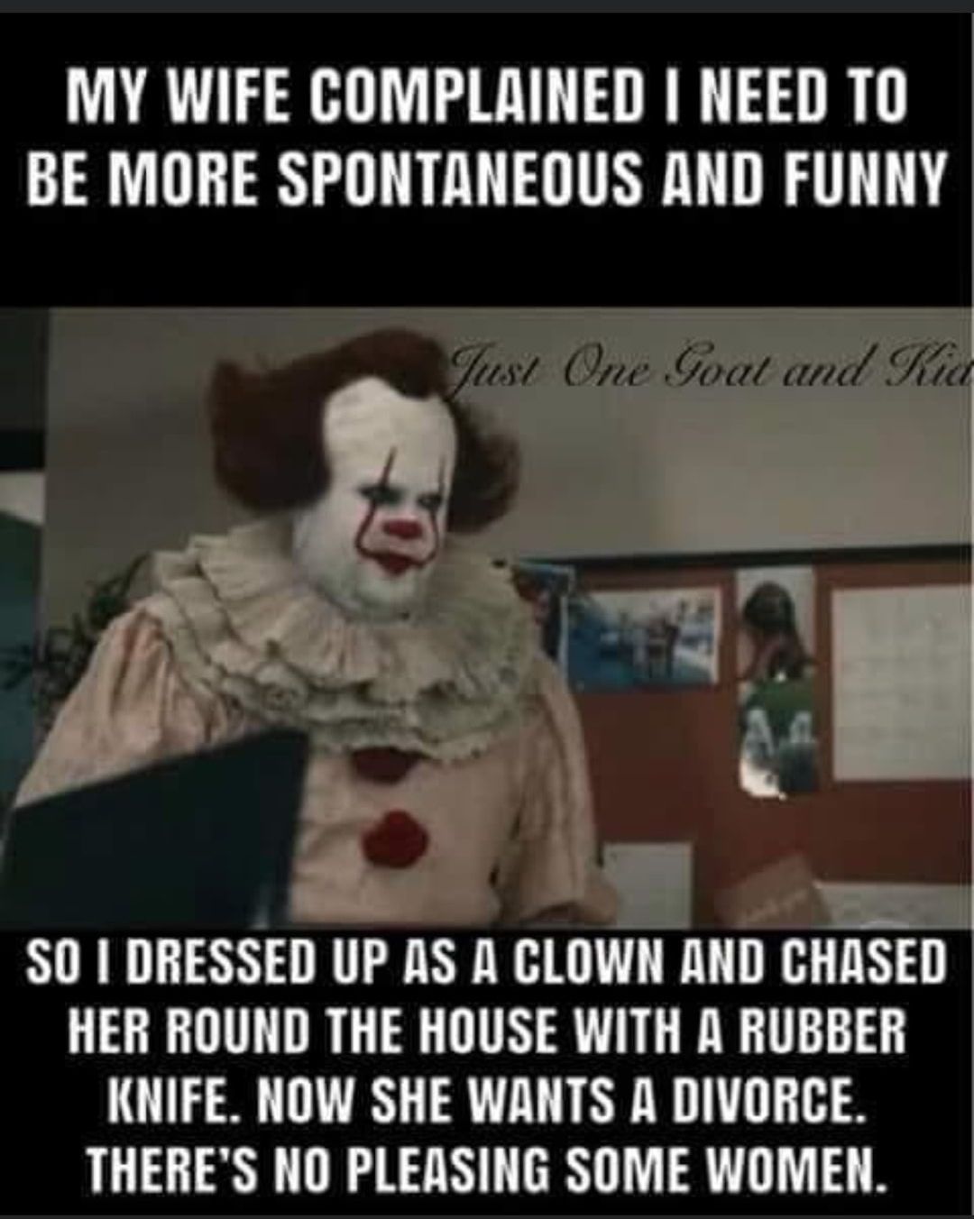 MY WIFE COMPLAINED NEED TO BE MORE SPONTANEOUS AND FUNNY SO I DRESSED UP AS A CLOWN AND CHASED HER ROUND THE HOUSE WITH A RUBBER KNIFE NOW SHE WANTS A DIVORCE THERES NO PLEASING SOME WOMEN