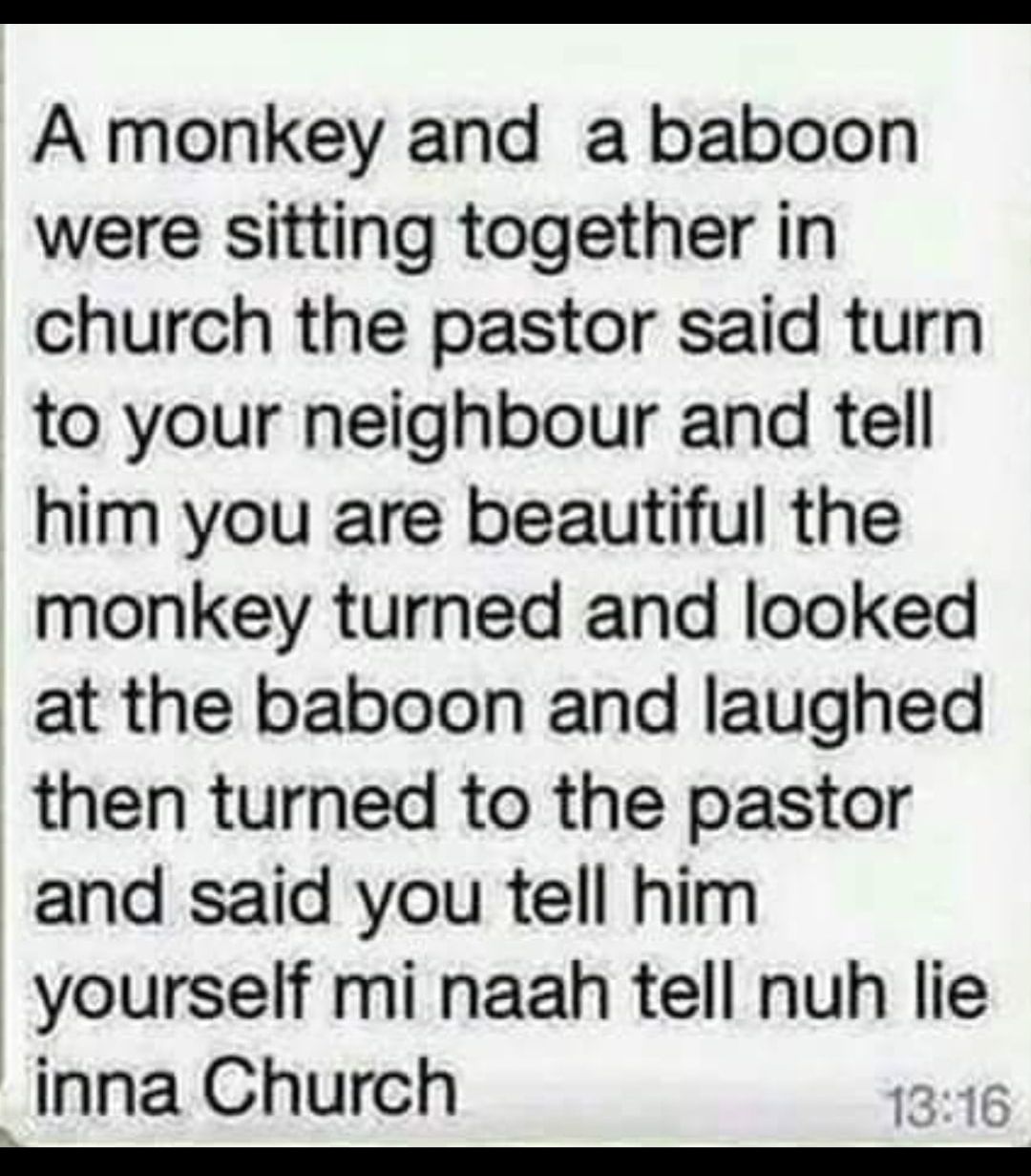 A monkey and a baboon were sitting together in church the pastor said turn to your neighbour and tell him you are beautiful the monkey turned and looked at the baboon and laughed then turned to the pastor and said you tell him yourself mi naah tell nuh lie inna Church 1316 A