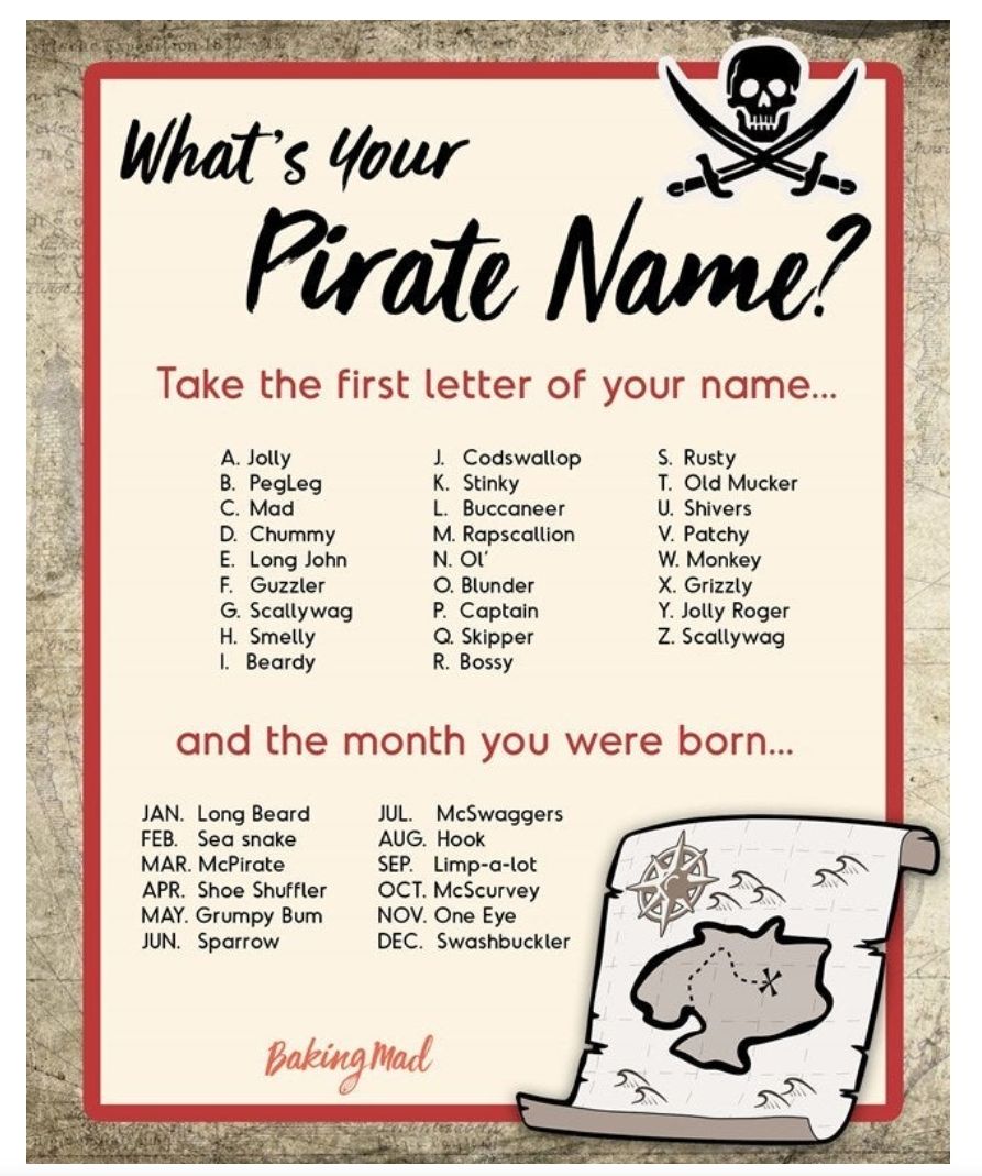 Take the first letter of your name A Jolly J Codswallop S Rusty B Pegleg K Stinky T Old Mucker C Mad L Buccaneer U Shivers D Chummy M Rapscallion V Patchy E Long John N OU W Monkey F Guzzler O Blunder X Grizzly G Scallywag P Captain Y Jolly Roger H Smelly Q Skipper Z Scallywag Beardy R Bossy and the month you were born JAN Long Beard JUL McSwaggers FEB Sea snake AUG Hook MAR McPirate SEP Limp a lo