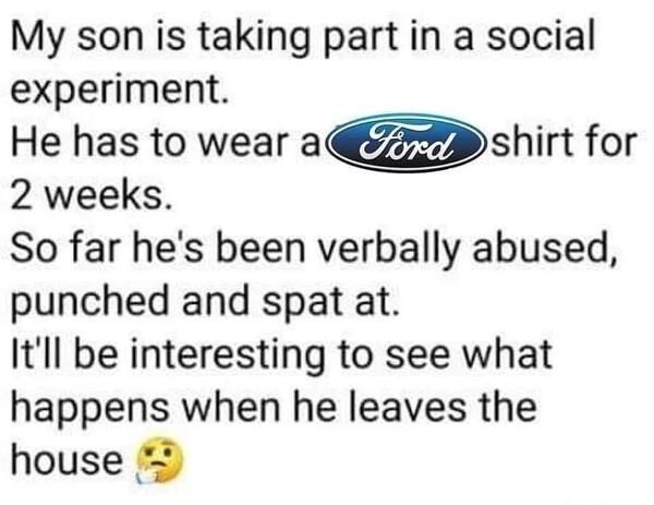 My son is taking part in a social experiment He has to wear aZZZshirt for 2 weeks So far hes been verbally abused punched and spat at Itll be interesting to see what happens when he leaves the house