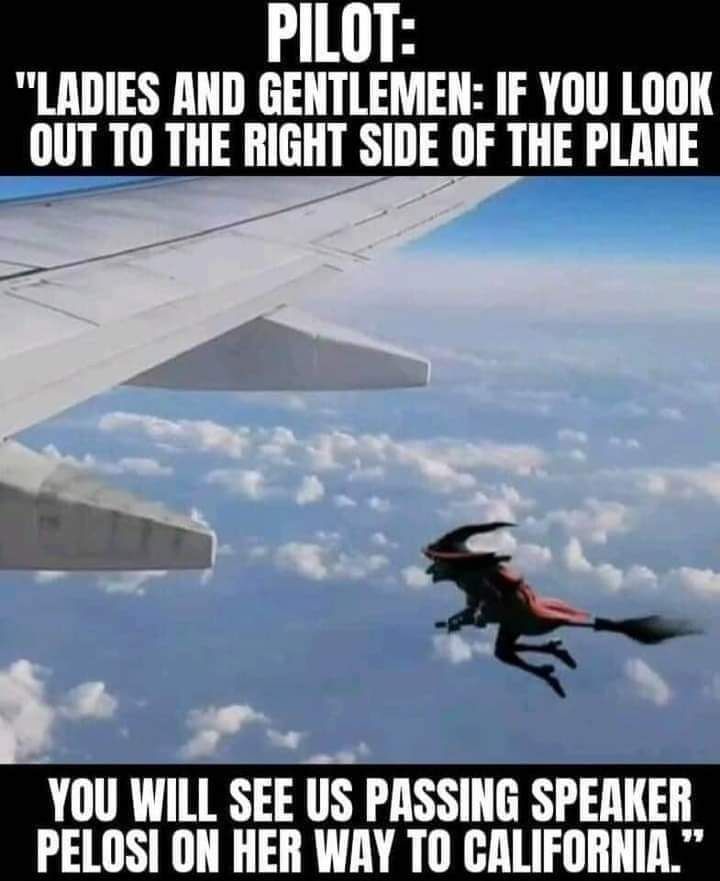 LADIES AND GENTLEMEN IF YOU LOOK OUT TO THE RIGHT SIDE OF THE PLANE YOU WILL SEE US PASSING SPEAKER PELOSI ON HER WAY TO CALIFORNIA