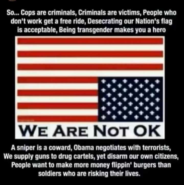 So Cops are criminals Criminals are victims People who dont work get a free ride Desecrating our Nations flag is acceptable Being transgender makes you a hero WE ARE NOT OK A sniper is a coward Obama negotiates with terrorists LG T R G T T L T G TEE T T T R P People want to make more money flippin burgers than soldiers who are risking their lives