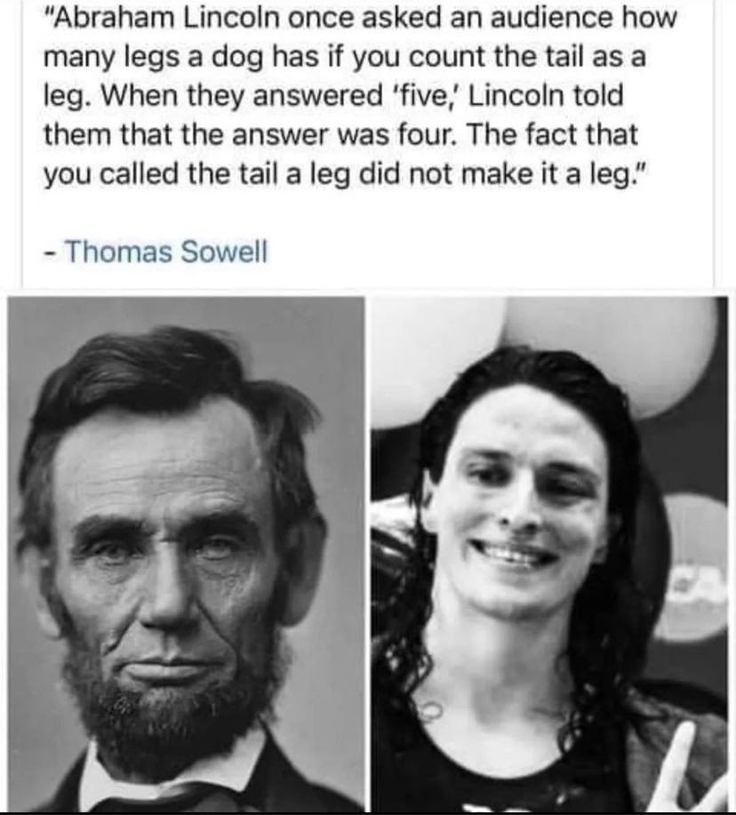 Abraham Lincoln once asked an audience how many legs a dog has if you count the tail as a leg When they answered five Lincoln told them that the answer was four The fact that you called the tail a leg did not make it a leg Thomas Sowell